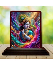 Car Desk/Table Top Lord Krishna Wooden Photo Stand 3x4 Inches, Compact & Stylish Spiritual Display For Car, Home & Office (Pack Of 1) (F14290)