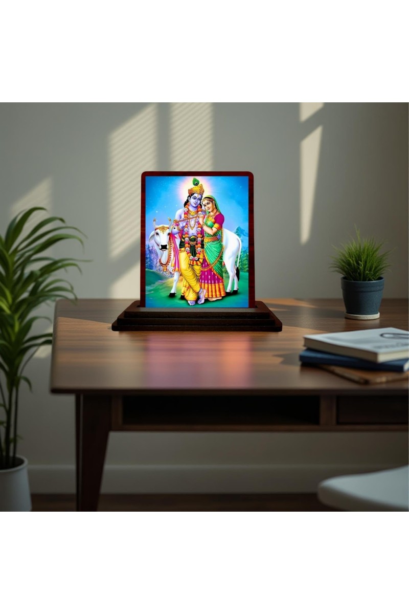 Car Desk/Table Top Lord Radha Krishna Wooden Photo Stand 3x4 Inches, Compact & Stylish Spiritual Display For Car, Home & Office (Pack Of 1) (F15111)