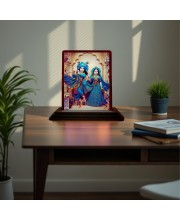 Car Desk/Table Top Lord Radha Krishna Wooden Photo Stand 3x4 Inches, Compact & Stylish Spiritual Display For Car, Home & Office (Pack Of 1) (F15122)