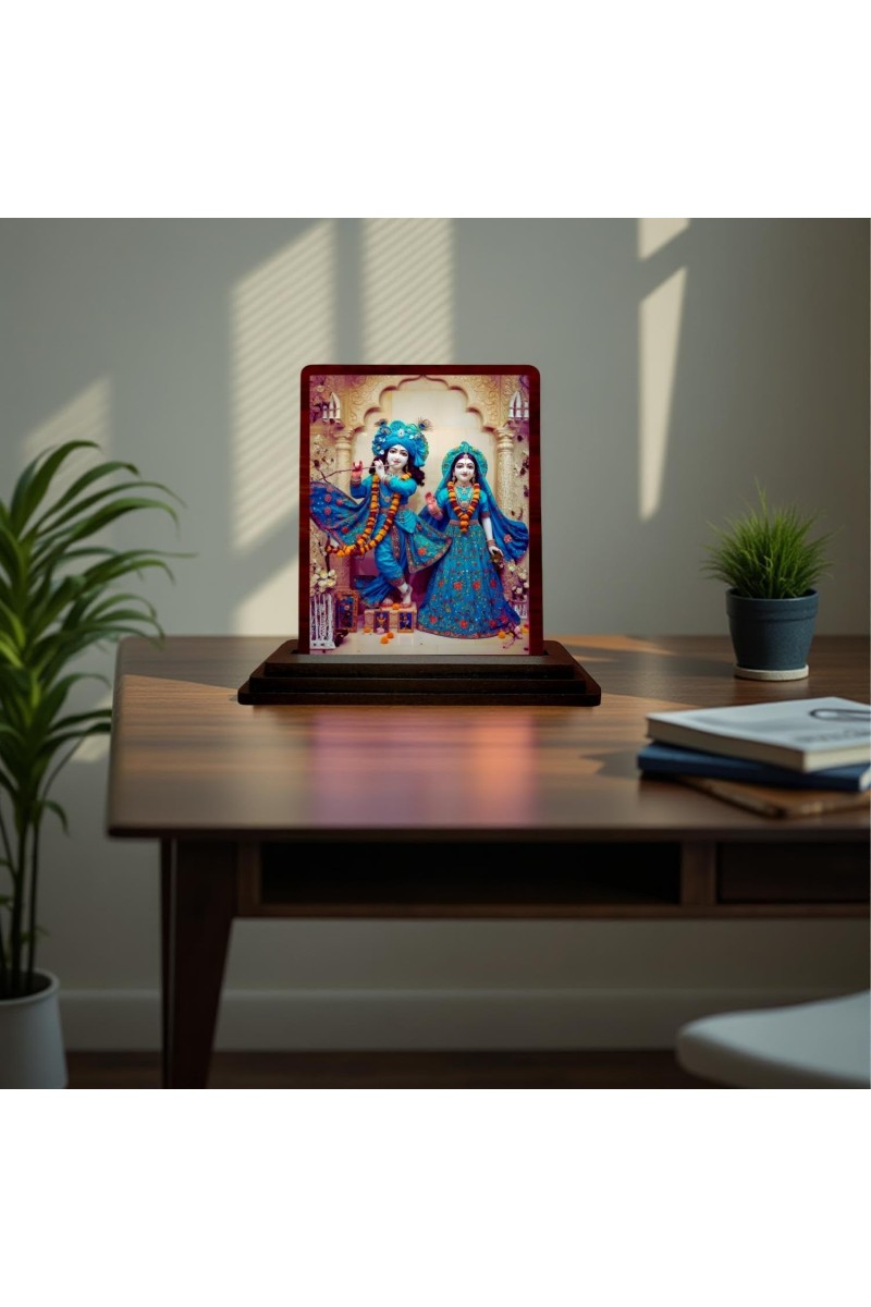 Car Desk/Table Top Lord Radha Krishna Wooden Photo Stand 3x4 Inches, Compact & Stylish Spiritual Display For Car, Home & Office (Pack Of 1) (F15122)