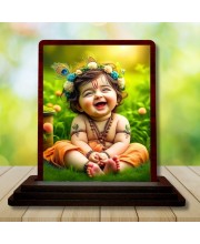 Car Desk/Table Top Lord Krishna Wooden Photo Stand 3x4 Inches, Compact & Stylish Spiritual Display For Car, Home & Office (Pack Of 1) (F14494)
