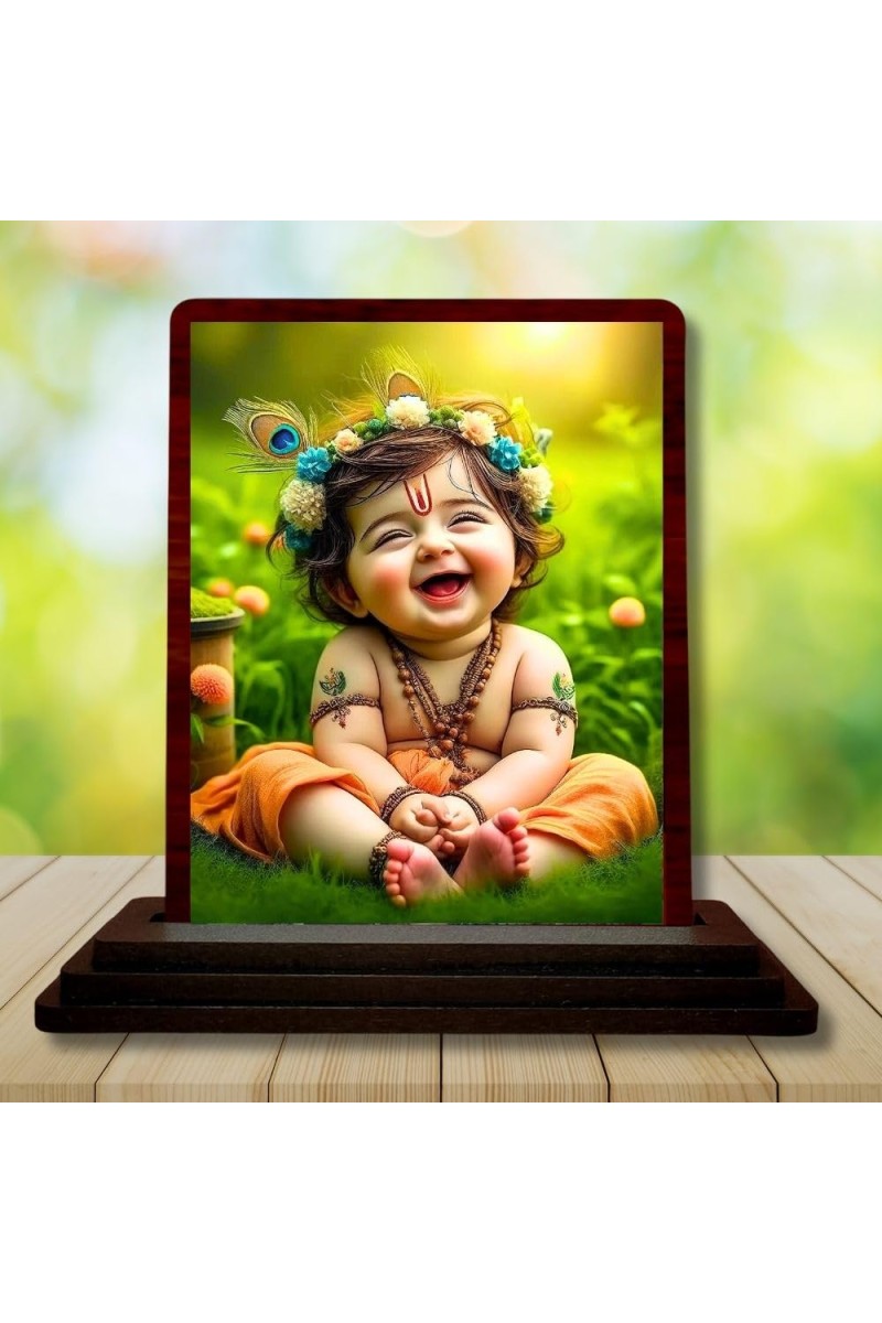 Car Desk/Table Top Lord Krishna Wooden Photo Stand 3x4 Inches, Compact & Stylish Spiritual Display For Car, Home & Office (Pack Of 1) (F14494)