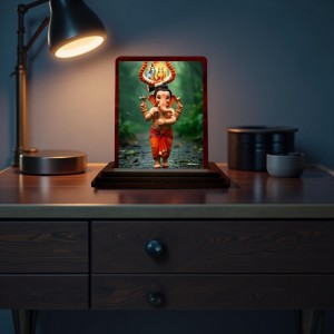 Car Desk/Table Top Lord Ganesha Wooden Photo Stand 3x4 Inches, Compact & Stylish Spiritual Display For Car, Home & Office (Pack Of 1) (F14351)