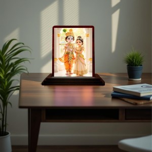 Car Desk/Table Top Radha Krishna Wooden Photo Stand 3x4 Inches, Compact & Stylish Spiritual Display For Car, Home & Office (Pack Of 1) (F14512)