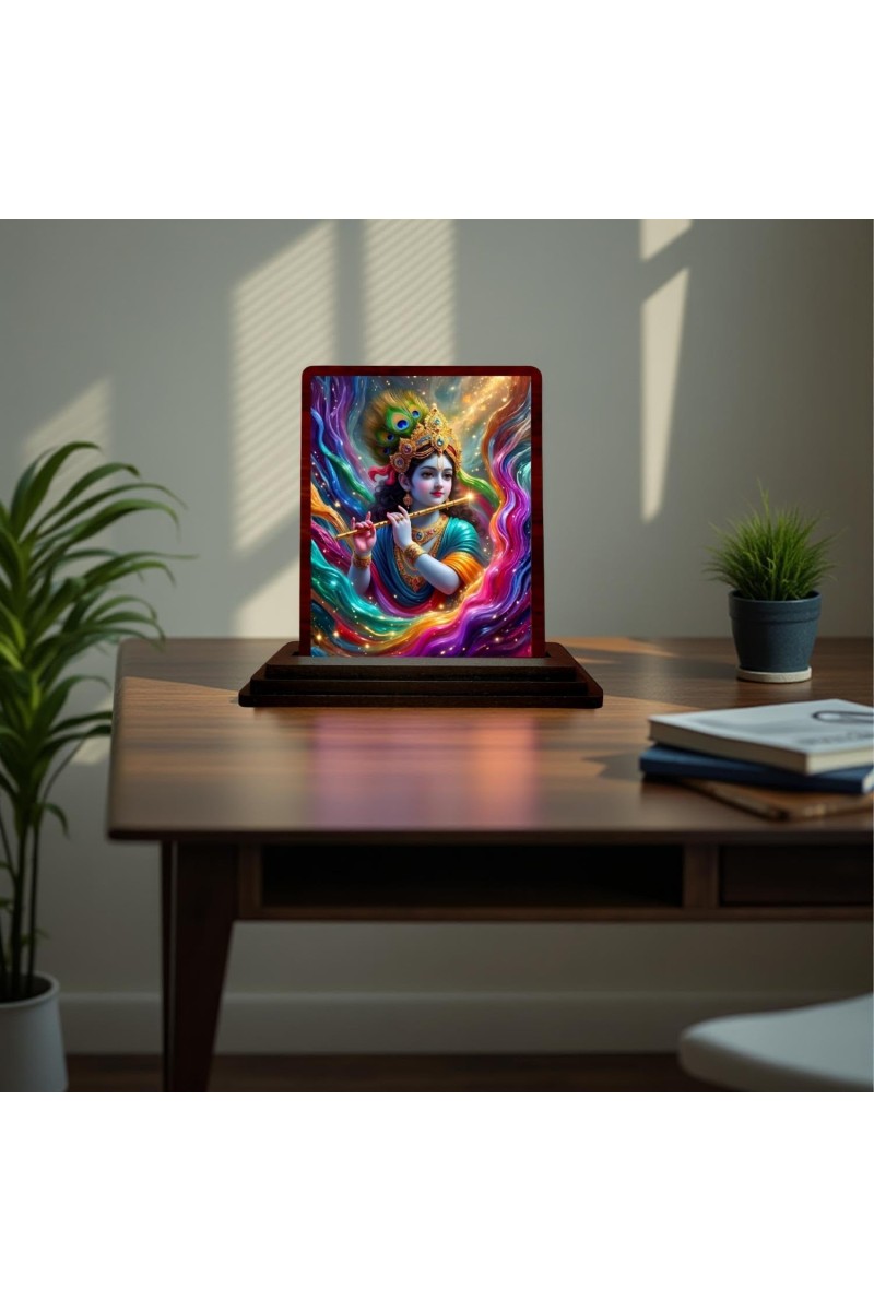 Car Desk/Table Top Lord Krishna Wooden Photo Stand 3x4 Inches, Compact & Stylish Spiritual Display For Car, Home & Office (Pack Of 1) (F15188)