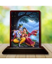 Car Desk/Table Top Lord Radha Krishna Wooden Photo Stand 3x4 Inches, Compact & Stylish Spiritual Display For Car, Home & Office (Pack Of 1) (F15171)