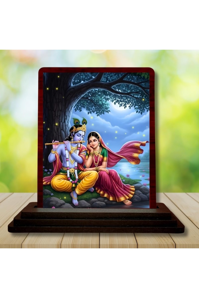 Car Desk/Table Top Lord Radha Krishna Wooden Photo Stand 3x4 Inches, Compact & Stylish Spiritual Display For Car, Home & Office (Pack Of 1) (F15171)