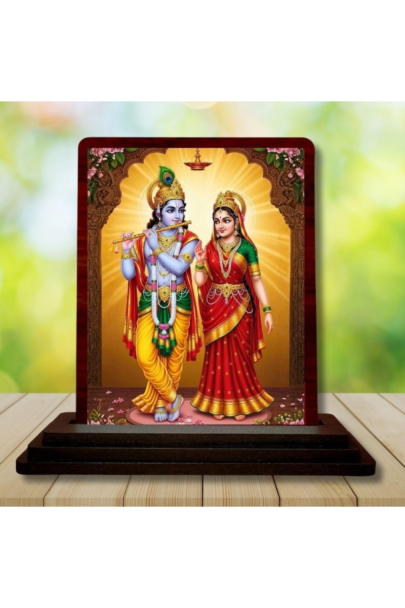 Car Desk/Table Top Radha Krishna Wooden Photo Stand 3x4 Inches, Compact & Stylish Spiritual Display For Car, Home & Office (Pack Of 1) (F14192)