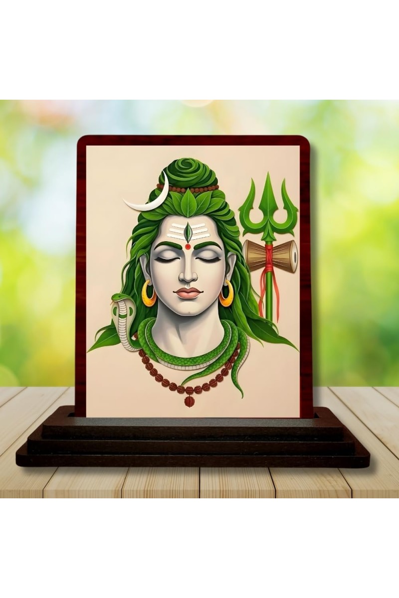 Car Desk/Table Top Lord Shiva Wooden Photo Stand 3x4 Inches, Compact & Stylish Spiritual Display For Car, Home & Office (Pack Of 1) (F15159)