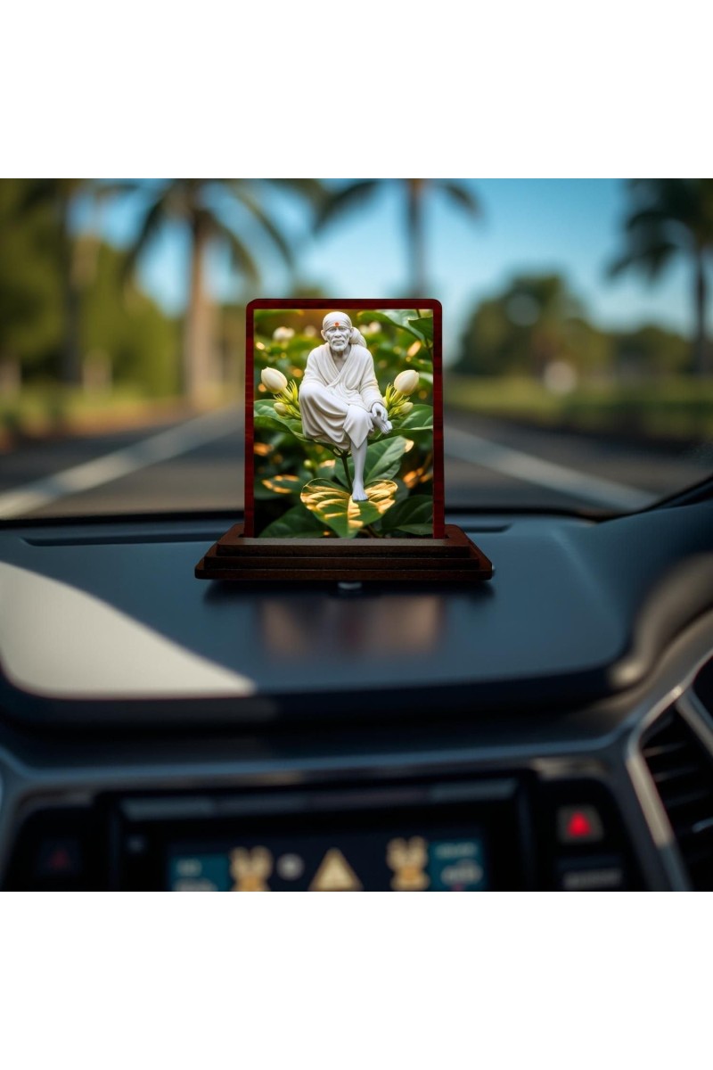 Car Desk/Table Top Lord Saibaba Wooden Photo Stand 3x4 Inches, Compact & Stylish Spiritual Display For Car, Home & Office (Pack Of 1) (F14323)