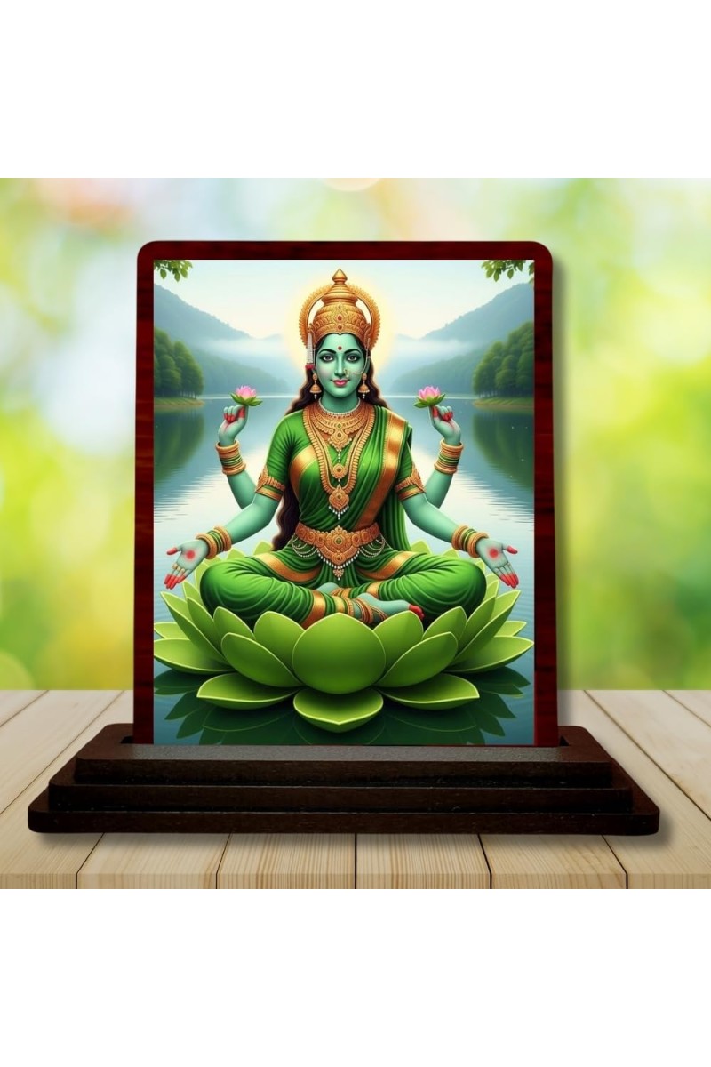 Car Desk/Table Top Goddess Lakshmi Wooden Photo Stand 3x4 Inches, Compact & Stylish Spiritual Display For Car, Home & Office (Pack Of 1) (F15135)
