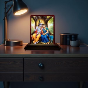 Car Desk/Table Top Radha Krishna Wooden Photo Stand 3x4 Inches, Compact & Stylish Spiritual Display For Car, Home & Office (Pack Of 1) (F14274)
