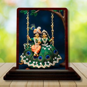 Car Desk/Table Top Radha Krishna Wooden Photo Stand 3x4 Inches, Compact & Stylish Spiritual Display For Car, Home & Office (Pack Of 1) (F14522)