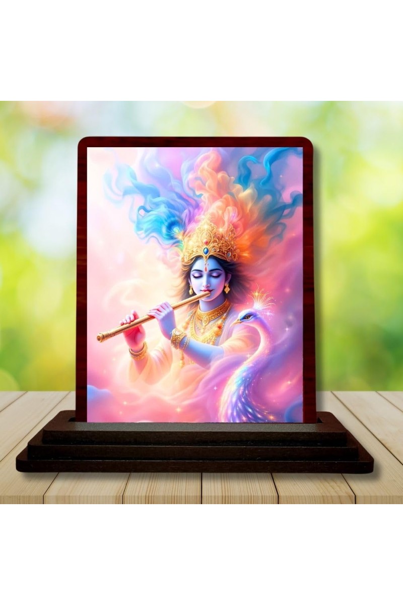 Car Desk/Table Top Lord Krishna Wooden Photo Stand 3x4 Inches, Compact & Stylish Spiritual Display For Car, Home & Office (Pack Of 1) (F14625)