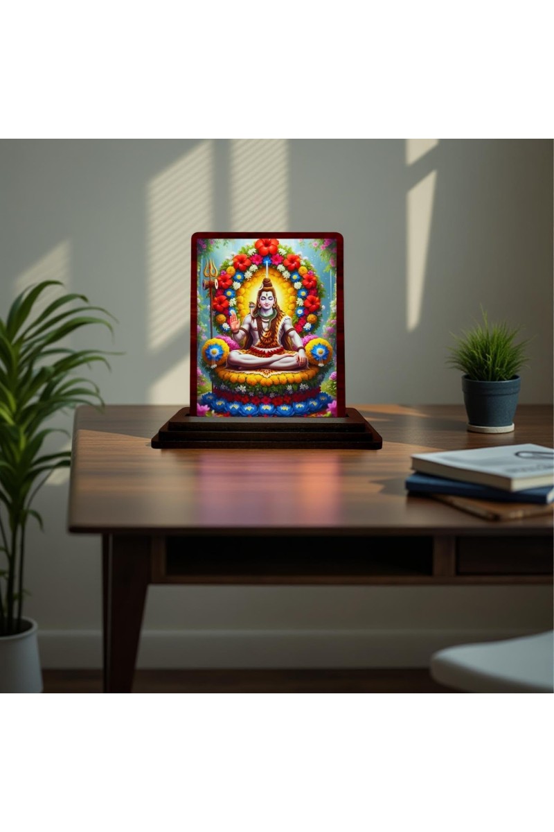 Car Desk/Table Top Lord Shiva Wooden Photo Stand 3x4 Inches, Compact & Stylish Spiritual Display For Car, Home & Office (Pack Of 1) (F15100)