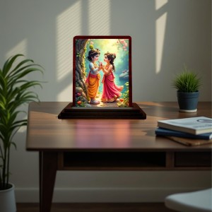 Car Desk/Table Top Radha Krishna Wooden Photo Stand 3x4 Inches, Compact & Stylish Spiritual Display For Car, Home & Office (Pack Of 1) (F14381)