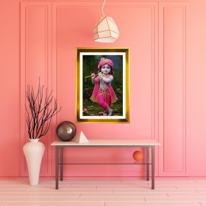 Divine Little Krishna Golden Photo Frame - 16x20 Inches | Elegant Wooden Frame For Home, Office & Temple Decoration | Spiritual Wall & Table Decor And Gift Item (F9512)