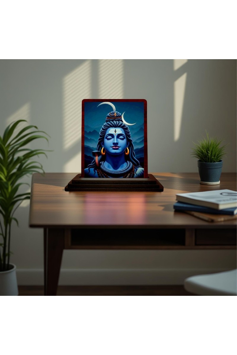 Car Desk/Table Top Lord Shiva Wooden Photo Stand 3x4 Inches, Compact & Stylish Spiritual Display For Car, Home & Office (Pack Of 1) (F15115)