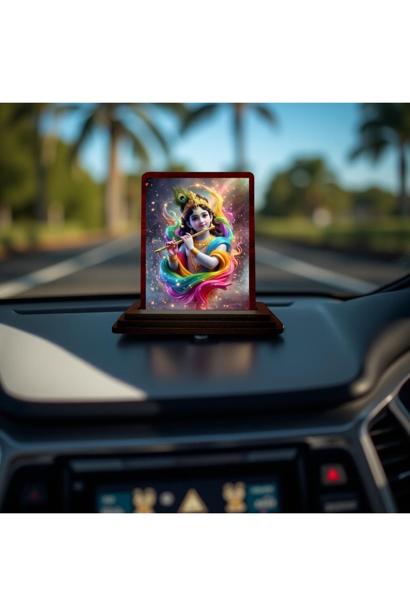Car Desk/Table Top Lord Krishna Wooden Photo Stand 3x4 Inches, Compact & Stylish Spiritual Display For Car, Home & Office (Pack Of 1) (F14216)