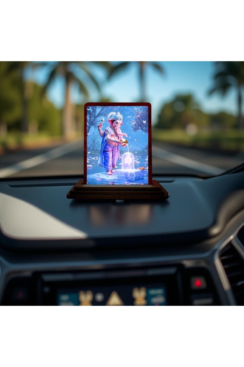 Car Desk/Table Top Lord Ganesha Wooden Photo Stand 3x4 Inches, Compact & Stylish Spiritual Display For Car, Home & Office (Pack Of 1) (F14518)