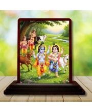 Car Desk/Table Top Lord Radha Krishna Wooden Photo Stand 3x4 Inches, Compact & Stylish Spiritual Display For Car, Home & Office (Pack Of 1) (F15169)