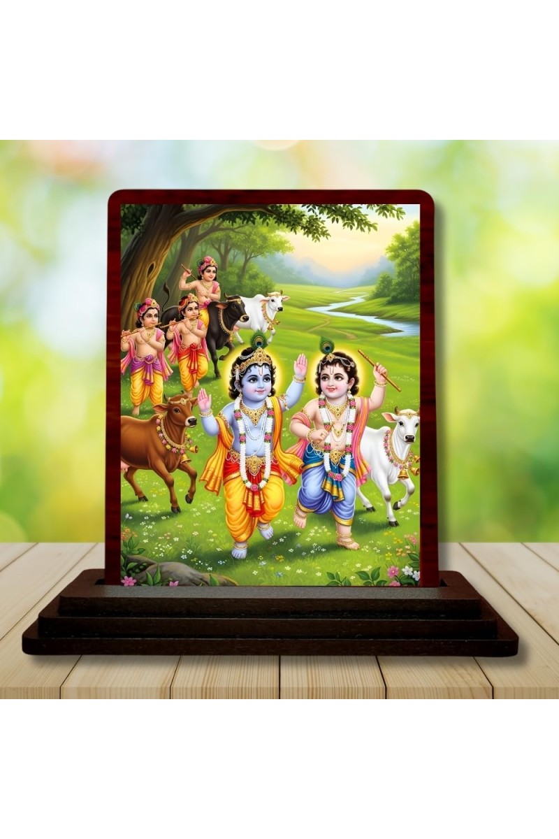 Car Desk/Table Top Lord Radha Krishna Wooden Photo Stand 3x4 Inches, Compact & Stylish Spiritual Display For Car, Home & Office (Pack Of 1) (F15169)