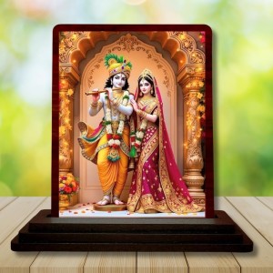 Car Desk/Table Top Lord Radha Krishna Wooden Photo Stand 3x4 Inches, Compact & Stylish Spiritual Display For Car, Home & Office (Pack Of 1) (F15118)