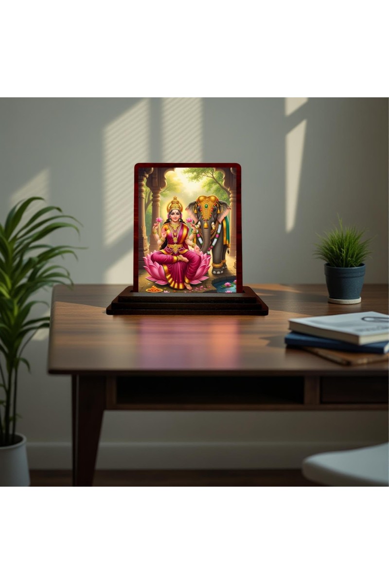Car Desk/Table Top Maa Laxmi Wooden Photo Stand 3x4 Inches, Compact & Stylish Spiritual Display For Car, Home & Office (Pack Of 1) (F15086)