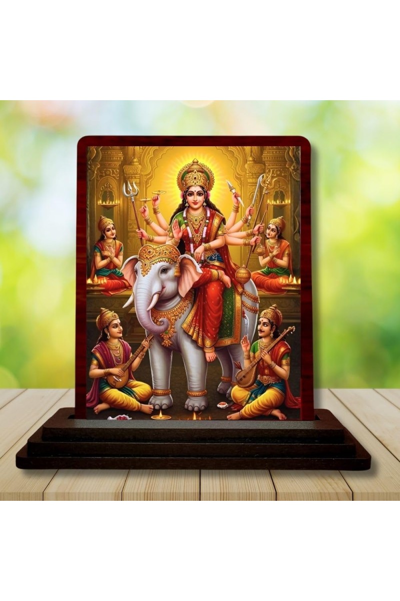 Car Desk/Table Top Goddess Durga Wooden Photo Stand 3x4 Inches, Compact & Stylish Spiritual Display For Car, Home & Office (Pack Of 1) (F14170)