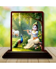Car Desk/Table Top Lord Krishna Wooden Photo Stand 3x4 Inches, Compact & Stylish Spiritual Display For Car, Home & Office (Pack Of 1) (F14515)