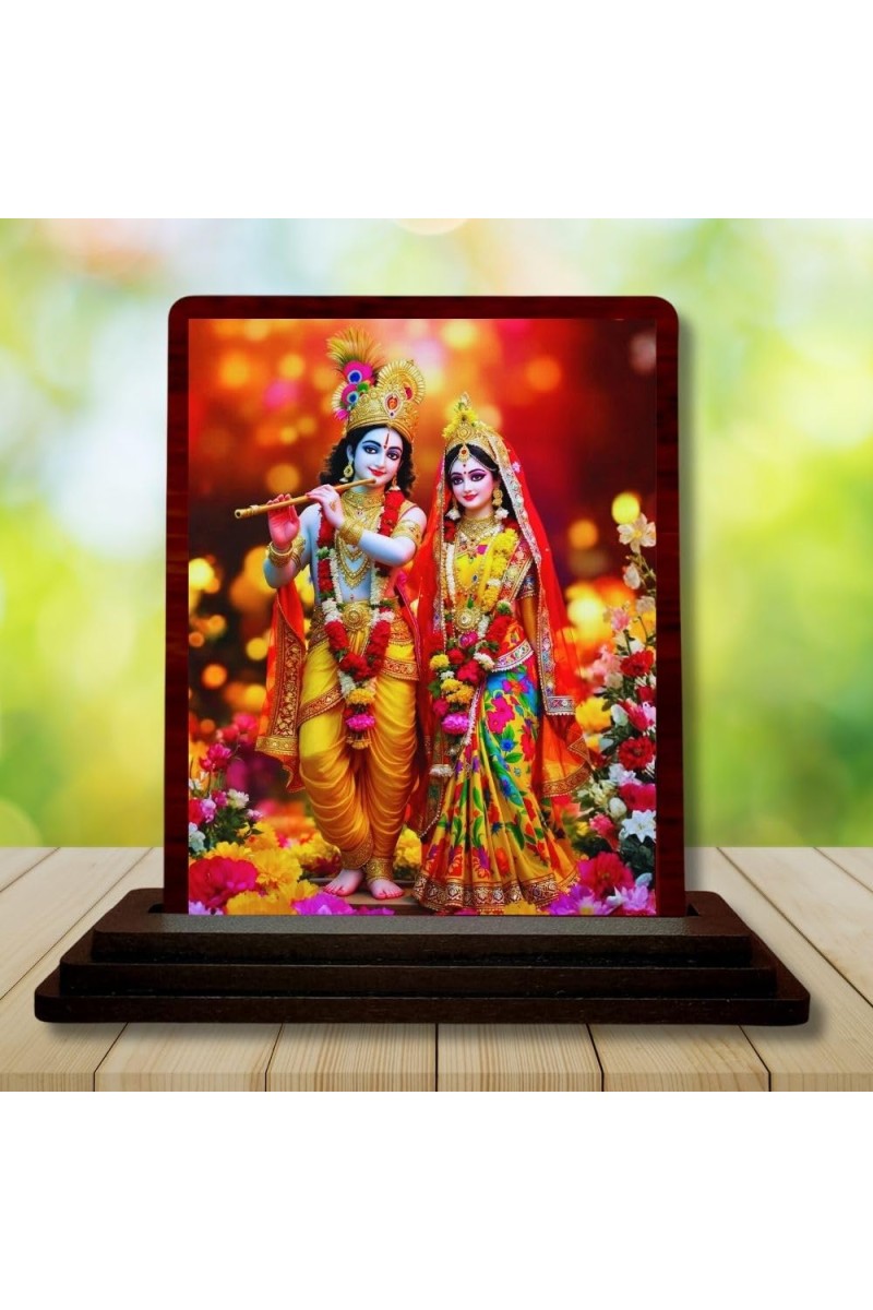 Car Desk/Table Top Radha Krishna Wooden Photo Stand 3x4 Inches, Compact & Stylish Spiritual Display For Car, Home & Office (Pack Of 1) (F14226)