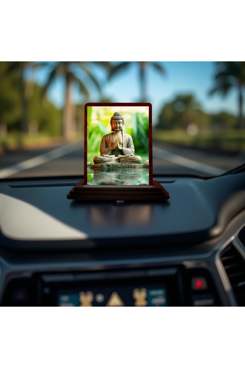 Car Desk/Table Top Lord Buddha Wooden Photo Stand 3x4 Inches, Compact & Stylish Spiritual Display For Car, Home & Office (Pack Of 1) (F14495)