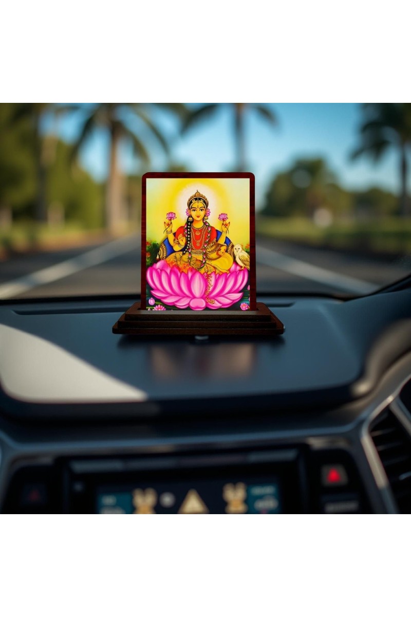 Car Desk/Table Top Goddess Lakshmi Wooden Photo Stand 3x4 Inches, Compact & Stylish Spiritual Display For Car, Home & Office (Pack Of 1) (F14276)