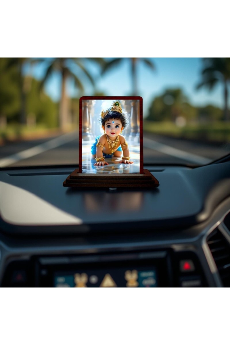 Car Desk/Table Top Lord Krishna Wooden Photo Stand 3x4 Inches, Compact & Stylish Spiritual Display For Car, Home & Office (Pack Of 1) (F14490)