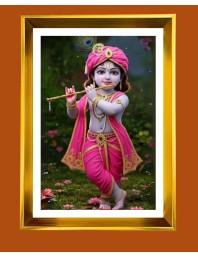 Divine Little Krishna Golden Photo Frame - 16x20 Inches | Elegant Wooden Frame For Home, Office & Temple Decoration | Spiritual Wall & Table Decor And Gift Item (F9512)