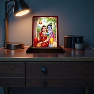 Car Desk/Table Top Yashodha Krishna Wooden Photo Stand 3x4 Inches, Compact & Stylish Spiritual Display For Car, Home & Office (Pack Of 1) (F14272)