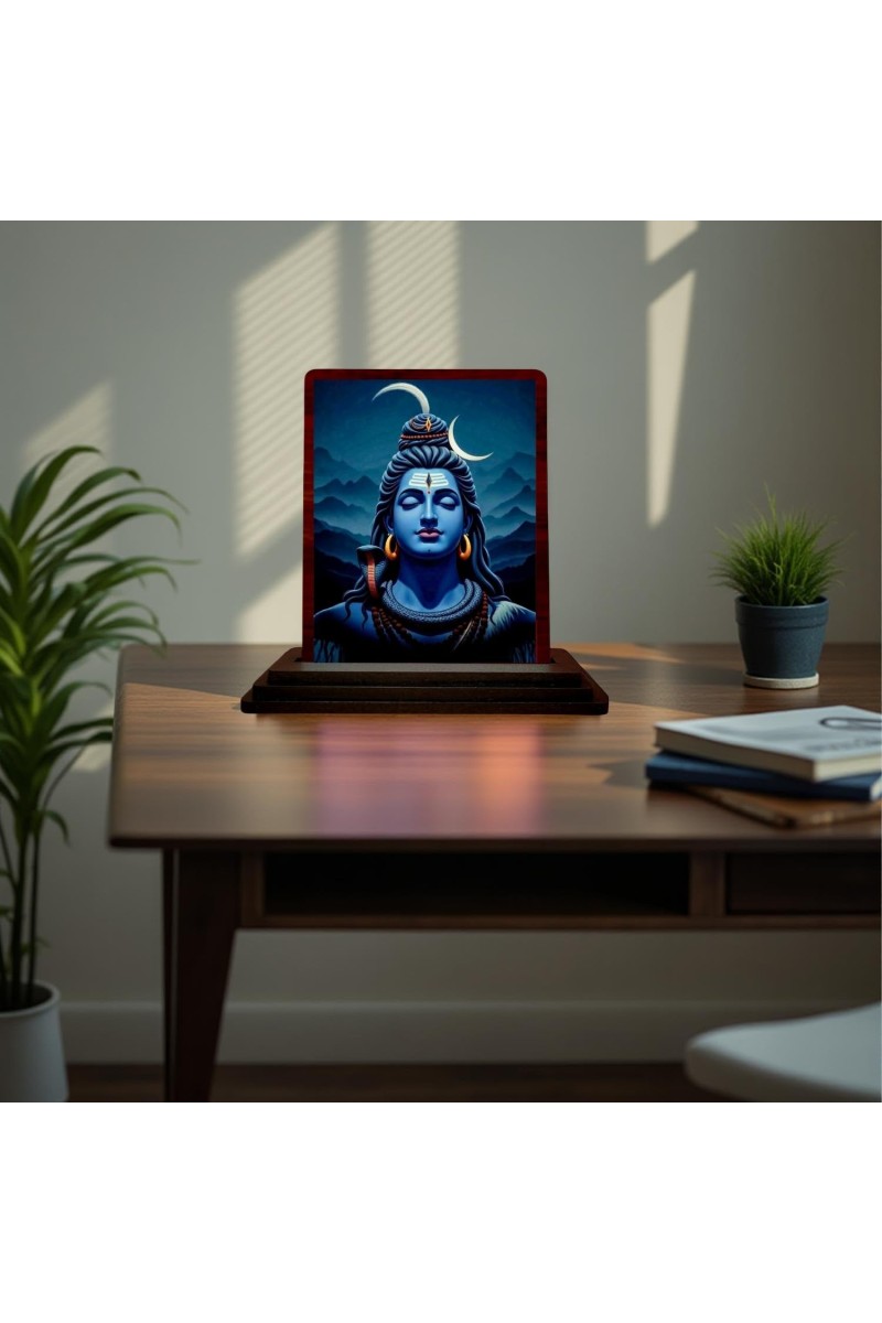 Car Desk/Table Top Lord Shiva Wooden Photo Stand 3x4 Inches, Compact & Stylish Spiritual Display For Car, Home & Office (Pack Of 1) (F15154)