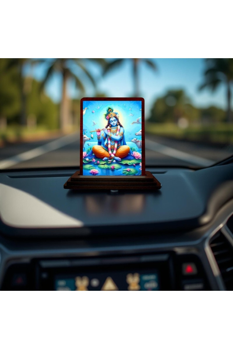 Car Desk/Table Top Lord Krishna Wooden Photo Stand 3x4 Inches, Compact & Stylish Spiritual Display For Car, Home & Office (Pack Of 1) (F14483)