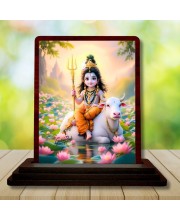Car Desk/Table Top Lord Shiva Wooden Photo Stand 3x4 Inches, Compact & Stylish Spiritual Display For Car, Home & Office (Pack Of 1) (F14376)