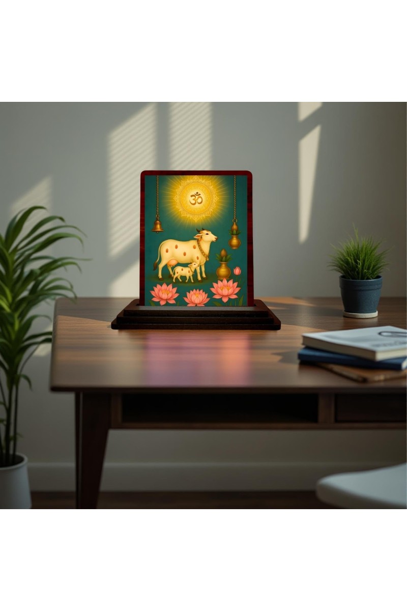 Car Desk/Table Top Gau Mata Wooden Photo Stand 3x4 Inches, Compact & Stylish Spiritual Display For Car, Home & Office (Pack Of 1) (F15166)