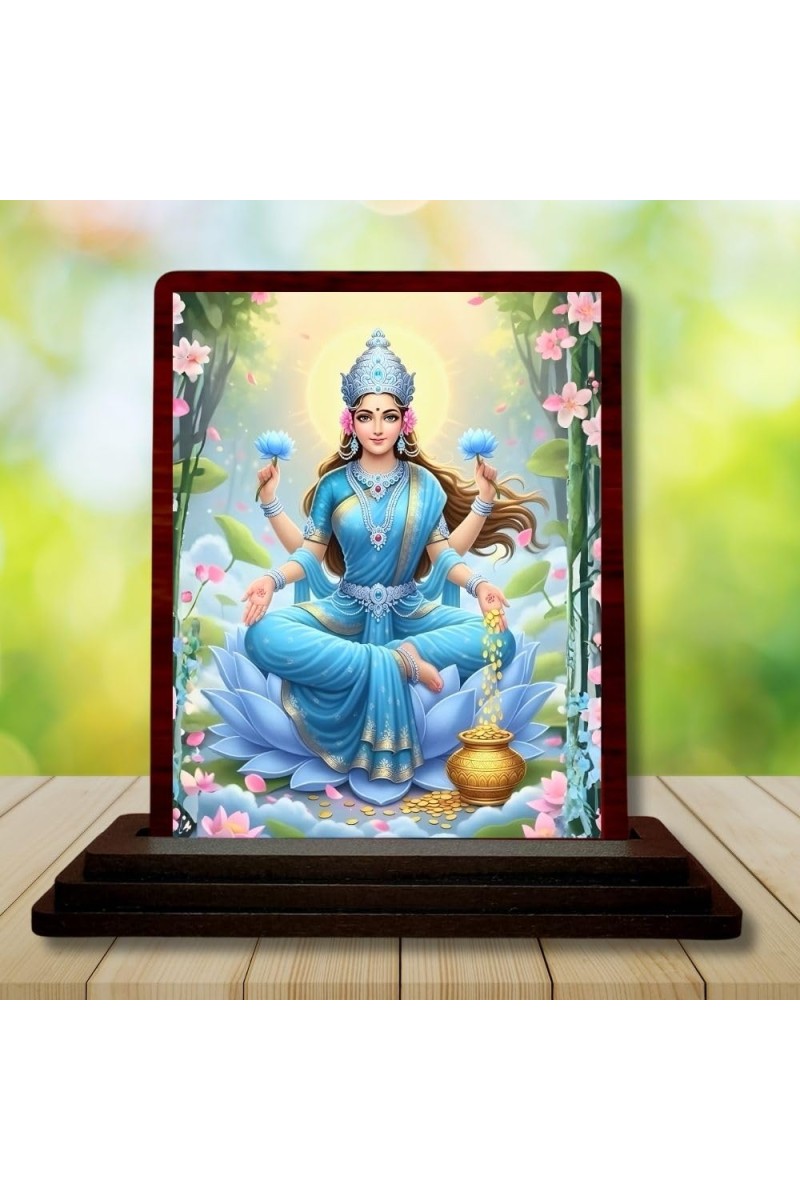 Car Desk/Table Top Goddess Lakshmi Wooden Photo Stand 3x4 Inches, Compact & Stylish Spiritual Display For Car, Home & Office (Pack Of 1) (F14174)