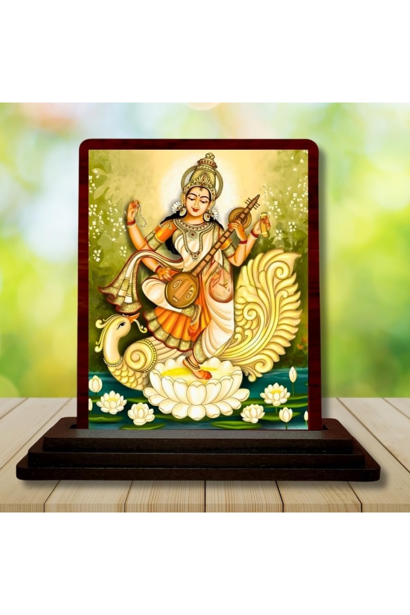 Car Desk/Table Top Maa Sarswati Wooden Photo Stand 3x4 Inches, Compact & Stylish Spiritual Display For Car, Home & Office (Pack Of 1) (F15173)