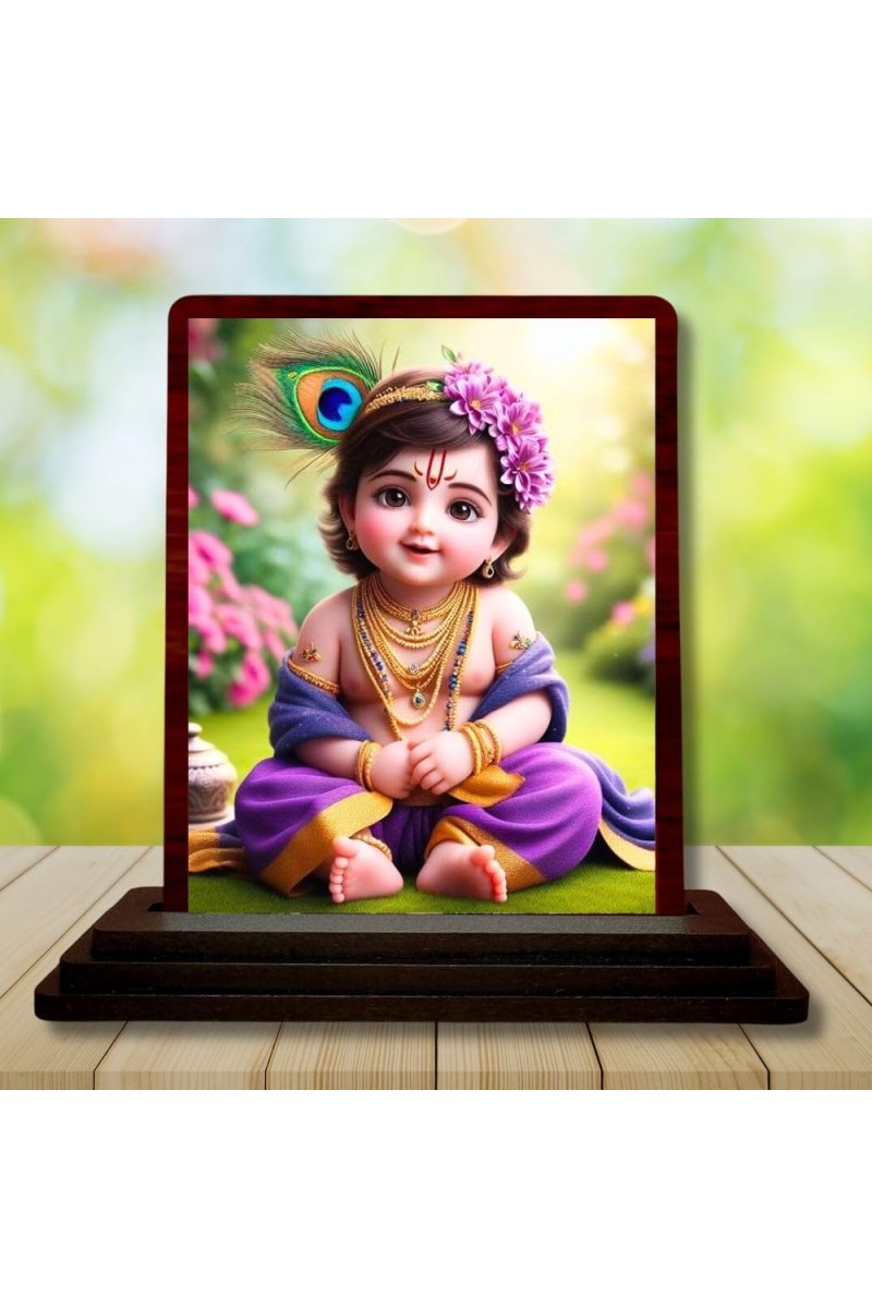 Car Desk/Table Top Lord Krishna Wooden Photo Stand 3x4 Inches, Compact & Stylish Spiritual Display For Car, Home & Office (Pack Of 1) (F14457)