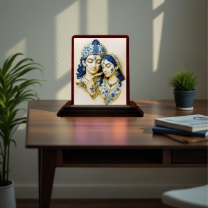 Car Desk/Table Top Radha Krishna Wooden Photo Stand 3x4 Inches, Compact & Stylish Spiritual Display For Car, Home & Office (Pack Of 1) (F14282)