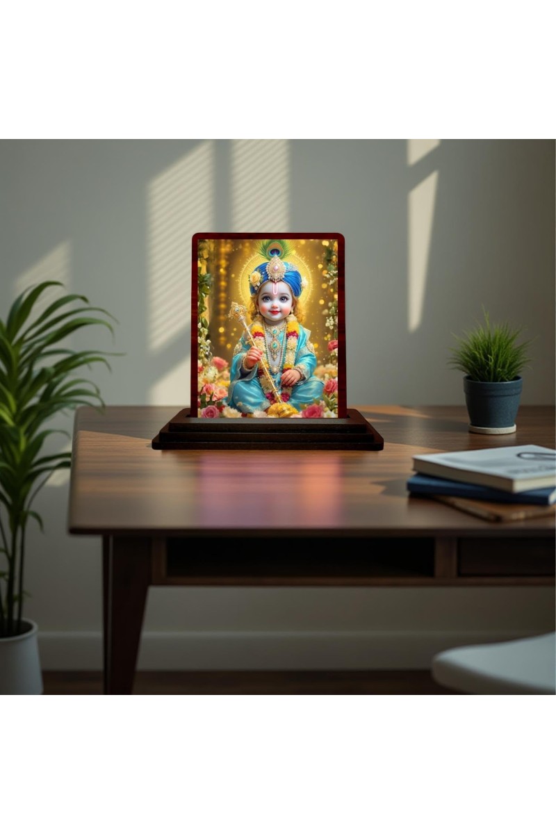 Car Desk/Table Top Lord Bal Krishna Wooden Photo Stand 3x4 Inches, Compact & Stylish Spiritual Display For Car, Home & Office (Pack Of 1) (F15130)