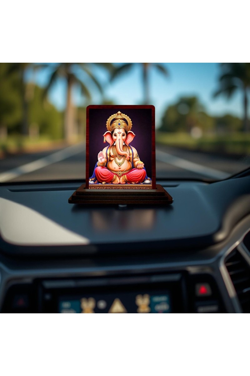 Lord Ganesha Wooden Photo Stand | Car Desk/Table Top- 3x4 Inches, Compact & Stylish Spiritual Display For Car, Home & Office (Pack Of 1) (F14537)