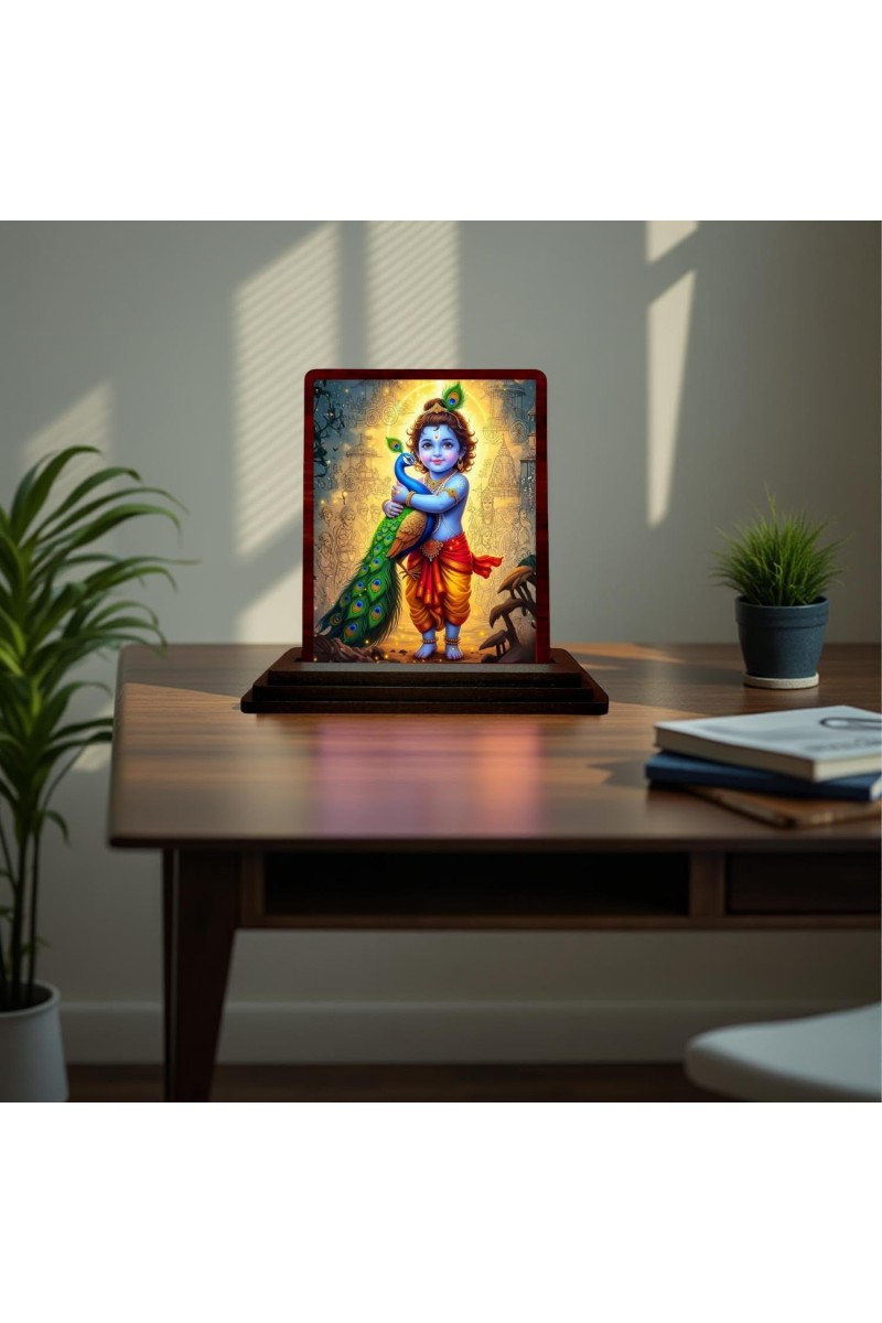 Car Desk/Table Top Lord Bal Krishna Wooden Photo Stand 3x4 Inches, Compact & Stylish Spiritual Display For Car, Home & Office (Pack Of 1) (F15148)