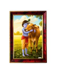 Lord Krishna With Lovely Cow Photo Frame For Wall & Table | 7x9 Inch Golden Cherry Finish | Decorative Lord Krishna With Lovely Cow Photo Frame For Home, Office & Pooja Room (F11776)