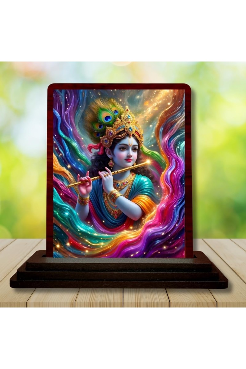 Car Desk/Table Top Lord Krishna Wooden Photo Stand 3x4 Inches, Compact & Stylish Spiritual Display For Car, Home & Office (Pack Of 1) (F15188)