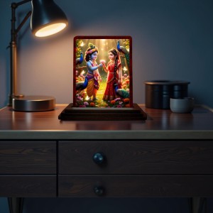 Car Desk/Table Top Radha Krishna Wooden Photo Stand 3x4 Inches, Compact & Stylish Spiritual Display For Car, Home & Office (Pack Of 1) (F14369)